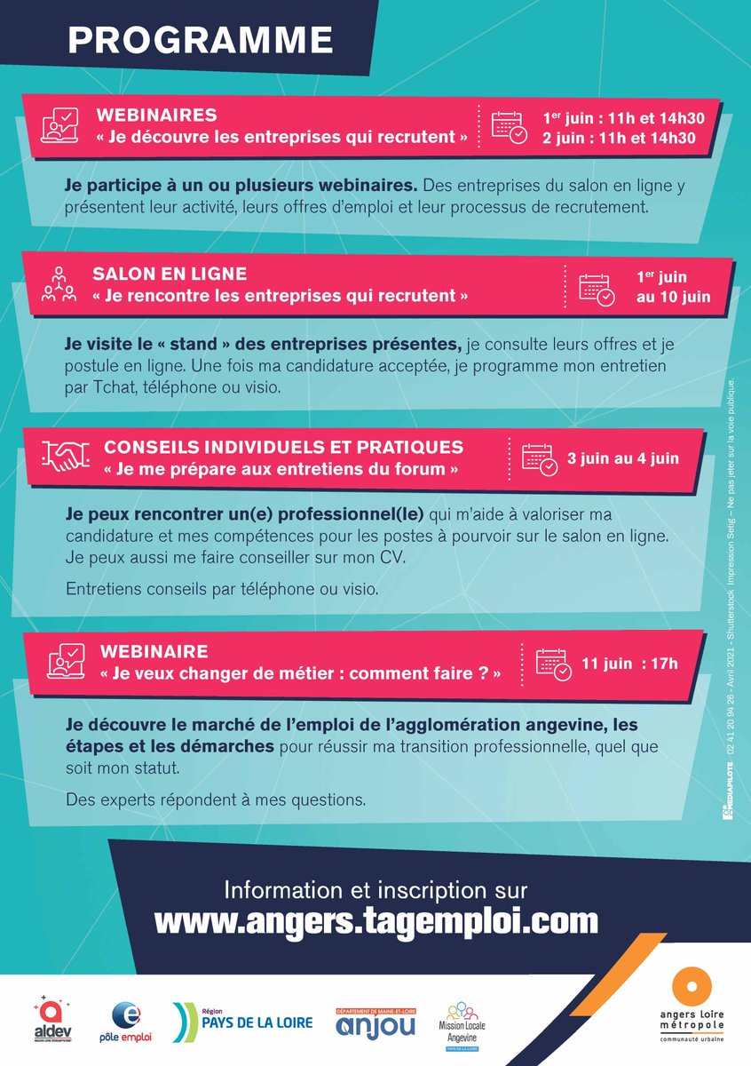 Angers_ALDEV's tweet photo. #EMPLOI l Vous souhaitez en savoir + sur les entreprises qui recrutent pendant le Forum pour l'emploi ? 
👉Inscrivez-vous aux webinaires du 1er et 2 juin pour échanger avec elles
https://t.co/iy4EY40jEh

#FPE21 #TousMobilises #Angers #ecoangers https://t.co/byKN9eOn5X