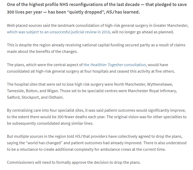 Exclusive:

One of the highest profile NHS reconfigurations of the last decade has been "quietly dropped"

Healthier Together consolidation of high-risk surgery in Gr Manchester had aimed to save 300 lives a year, but now set to be abandoned.

1/

hsj.co.uk/greater-manche…