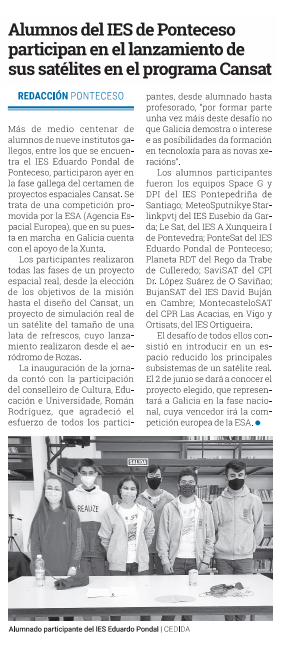CAFIgalicia's tweet photo. O Diario de Bergantiños recolle a aventura do equipo @pontesat nas saús páxinas @EseroSp @Xunta @civiluavs @axenciaGAIN @CAFIgalicia @RomanLalin  @aeromedia1 #CAFI_AulaNova #degaliciaaoespazo #cansatgal https://t.co/CPsT0rOv4B