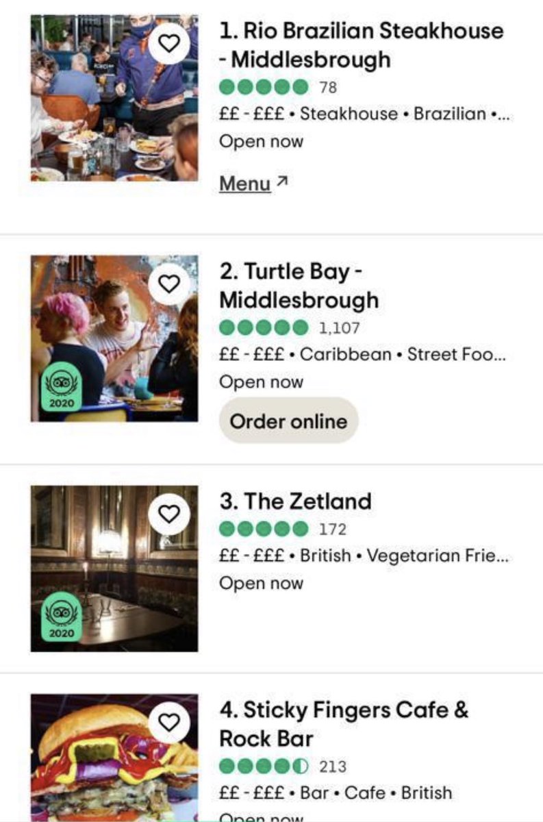 Middlesbrough’s Top 4 Tripadvisor’s ratings for Middlesbrough restaurants - all of them are great Congratulations to: Rio Steakhouse Turtle Bay @the_zetland Sticky Fingers So many great places to eat and drink in Middlesbrough
