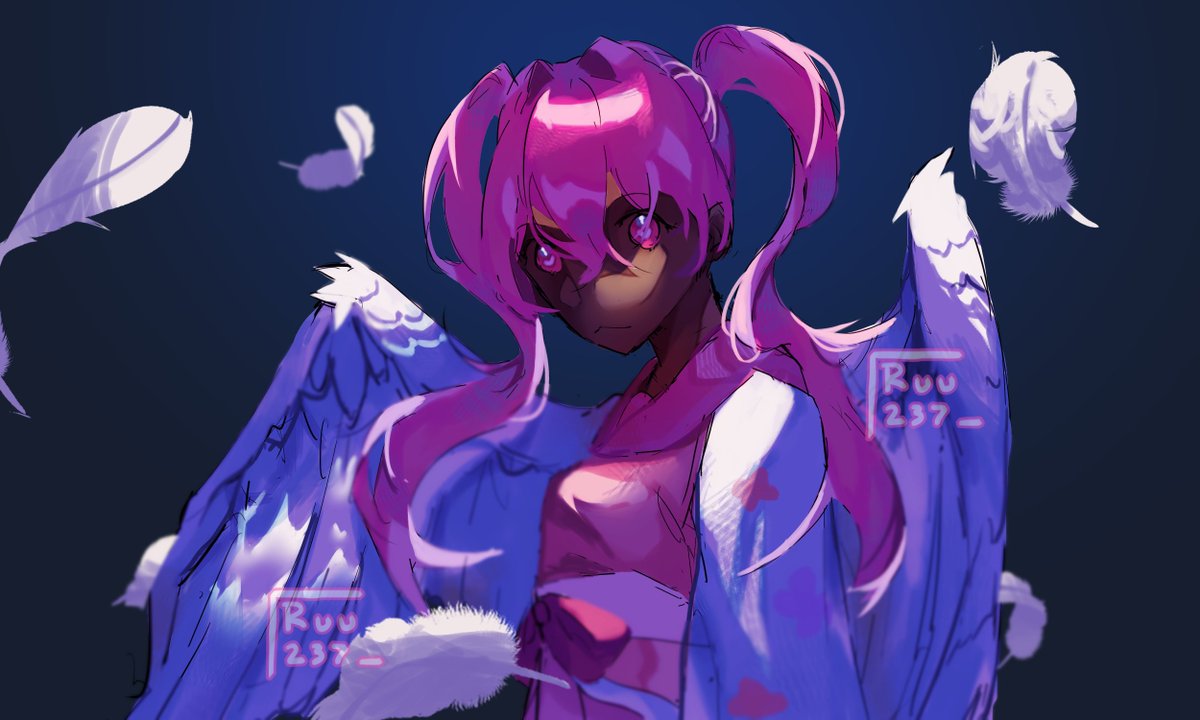 ruumimimi's tweet photo. ac entry for #cherrysac @cherryxblossoom
chose this because pink is one of my fav colours to shade :D this was a bit experimental so kinda look weird, also the feathers are brushes from csp but I painted them over https://t.co/nQAfh38jox