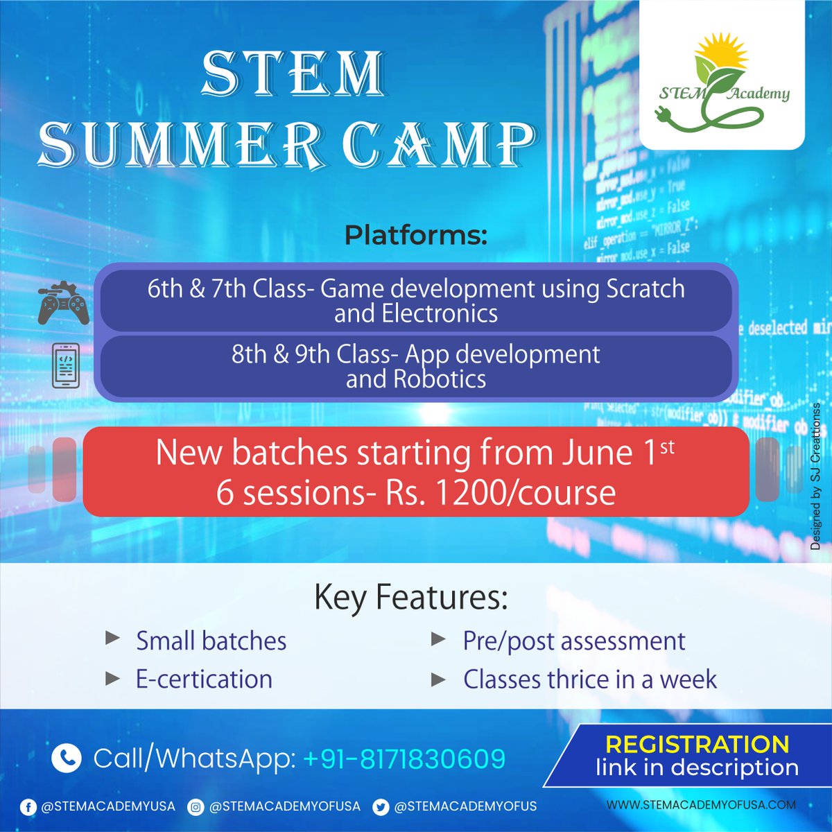 On high demand, the new batch of summer camp 2021 has now been announced starting June 1, 2021.
forms.gle/Z3ug9a1dcMaH4Y…

6 sessions of 1 hour each:
Course for class 6th &amp; 7th: Game Development 
Class 8th &amp; 9th: App development &amp; robotics
Call/WhatsApp: 9773942270

#STEMSummerCamp