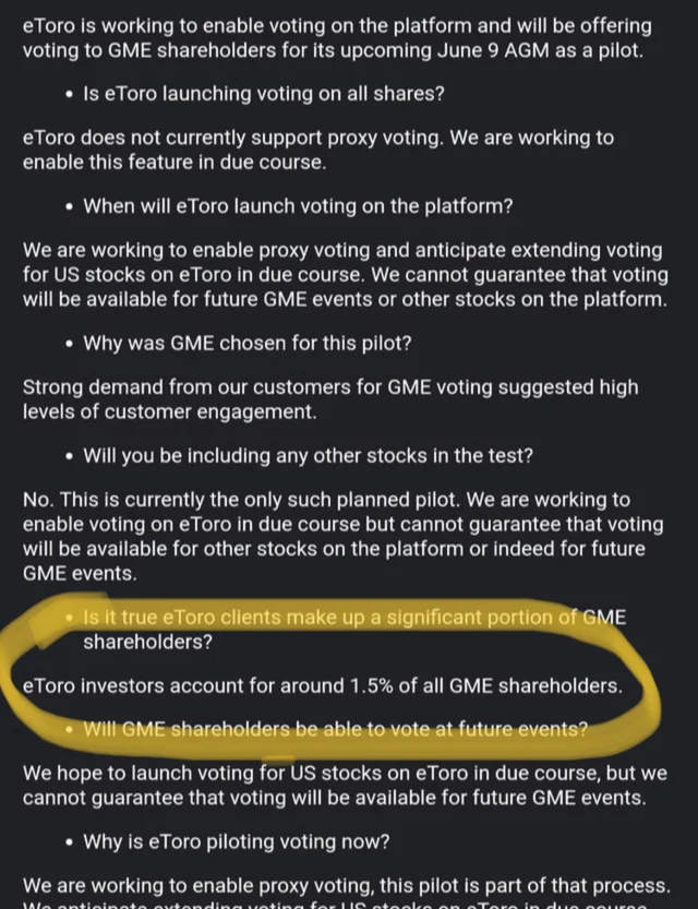 TheMawtex's tweet photo. @eToroTeam can you help me understand the highlighted part? Do you actually know the number of GME shareholders world wide and 1.5% of those are with @eToro or are you saying eToro customers hold 1.5% of the 70M GME float? Thanks :) https://t.co/zJmqWZOyhB