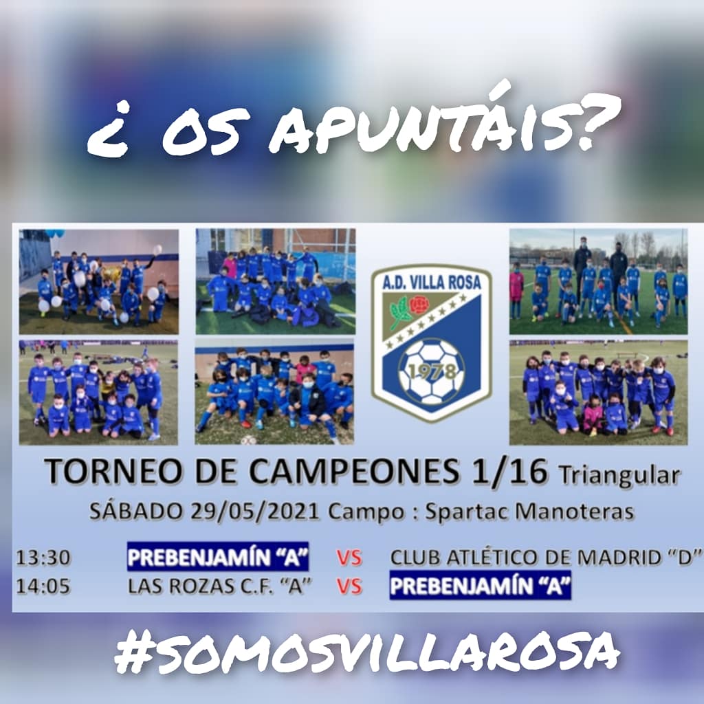 ADVILLAROSA's tweet photo. Mañana juega nuestro PREBENJAMIN "A" el Torneo de Campeones 1/16 contra @Atleti "D" y @LasRozas_CF "A".
¿Os venis animar a este pedazo equipo?
Nos vemos en el campo de nuestros amigos del @CDSpartacM

#SomosVillaRosa 
#Bienvenidosalfutbol https://t.co/HXpBdTbldb
