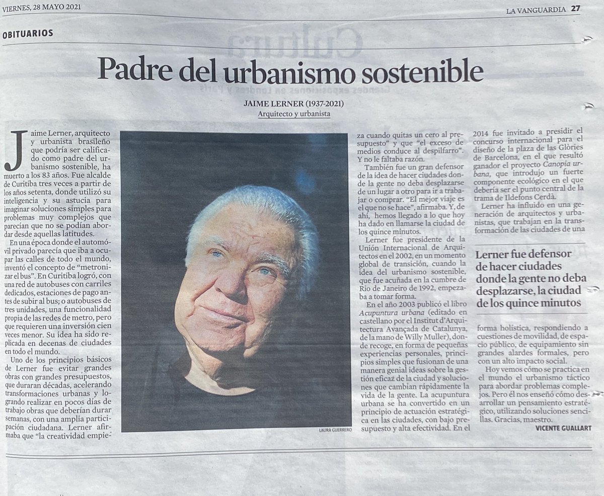 vicenteguallart's tweet photo. Lerner, padre del Urbanismo Sostenible, hoy en @LaVanguardia Gracias Maestro https://t.co/lYZ4pk36Nu