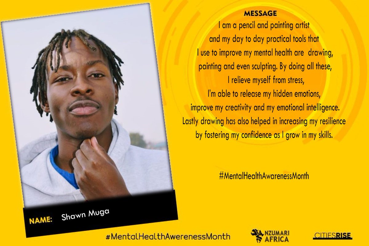 nzumariafrica's tweet photo. Our young people share thriving tools they are currently using to improve their mental health & build resilience as we continue marking the mental health month
#MentalHealthAwarenessMonth
#ToolsToThrive
#YGSHuruma
@shawnmuga @erick_hasenya @DavidAyieko7 @kiguru_wambui @MugoAnn https://t.co/D71CFzgLcQ