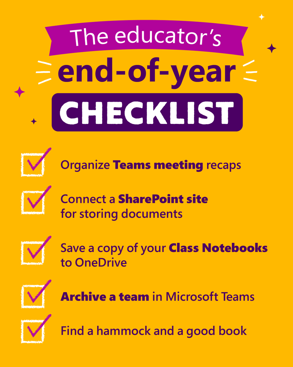With the school year winding down, are you prepared to transition into break?☀️

Save and share our educator’s end-of-year checklist to make sure you've got everything you need to stay ahead.😎
 
msft.it/6014VFlBu 
 
#MicrosoftEDU