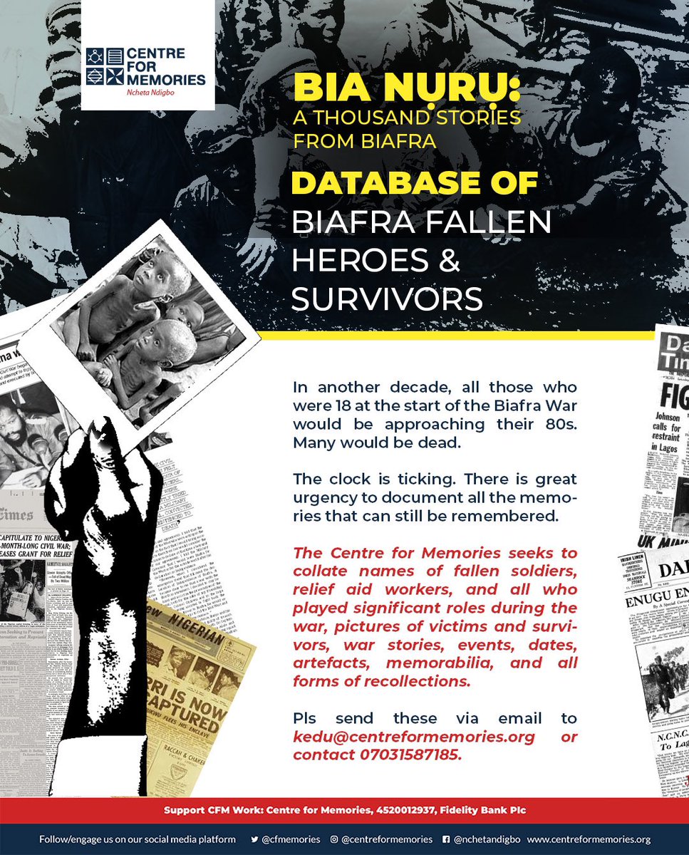 cfmemories's tweet photo. DATABASE OF BIAFRA FALLEN HEROES AND SURVIVORS

Documenting our stories is one of the most viable means of keeping our memories alive. The Biafra War is one of the most prominent events of Igbo and at the Centre For Memories, we find it very important to document these stories. https://t.co/u18lLjux5k