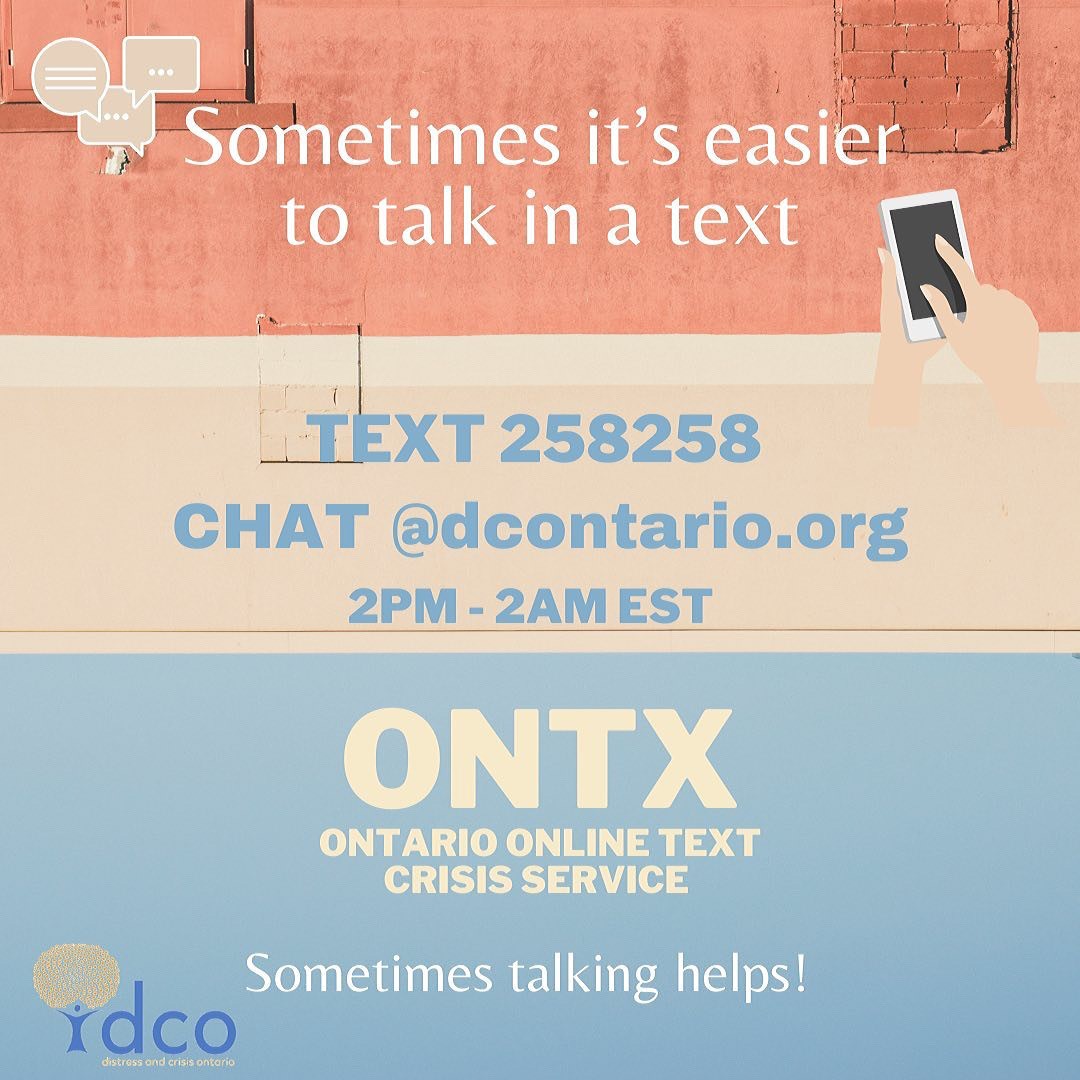 Online and text crisis support! Details on attached images and here: distresscentredurham.com/ontario-online…. 

<a href="/DistressCentre/">Distress Centre</a> @distresscentres <a href="/DurhamDistress/">DistressCentreDurham</a> <a href="/DCOakville/">Distress Centre Halton</a> <a href="/DistressCentreO/">DistressCentreOttawa</a> <a href="/AMHOnt/">Addictions & Mental Health Ontario</a> @mooddisordersON <a href="/OntarioShores/">Ontario Shores</a> <a href="/CMHADurham/">CMHA Durham</a>