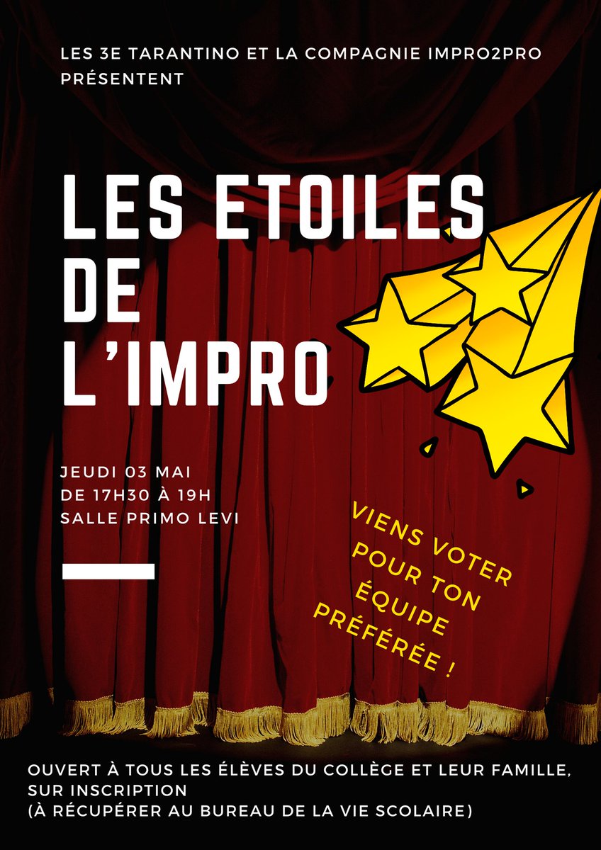 CBrignoles's tweet photo. Les 3è Tarantino vous invitent à venir admirer leur talent lors d’un grand match d’impro en partenariat avec la compagnie #Impro2pro le 3/6 de 17h30 à 19h.
Collaboration &amp; maîtrise de la "tchatche". Un bon moment de rire en perspective 😁
Inscriptions en #VieScolaire ✅ https://t.co/rDatCNlSf3