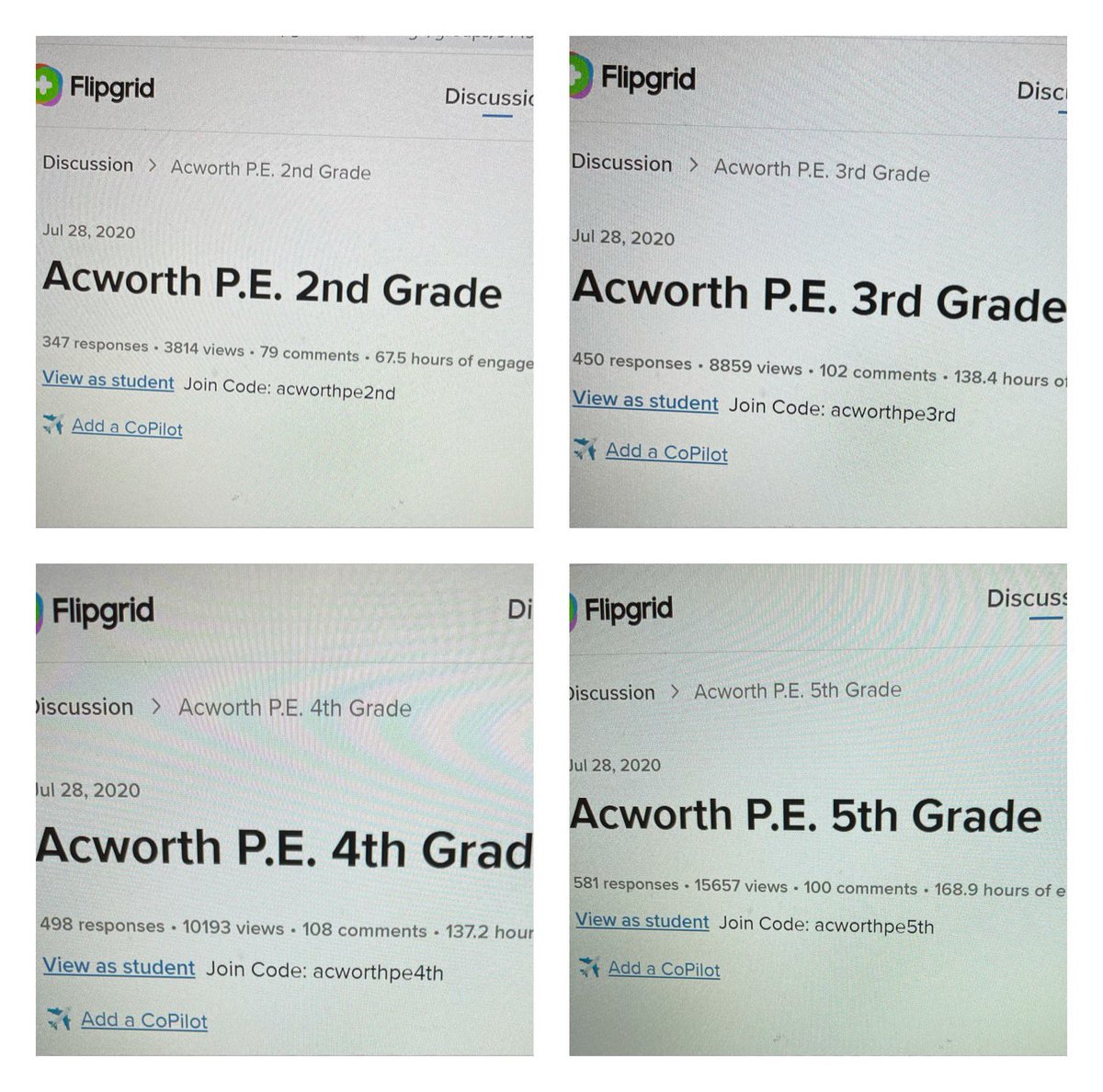 AcworthPE's tweet photo. Virtual PE students did awesome this year on Flipgrid! Over 1,800 video submissions and over 500 hours of engagement. Can’t wait to (hopefully) see everyone in person next year! #flipgrid #physicaleducation #pe @cobbhpe @CobbSchools @Team_AcworthES @APStaceyAES https://t.co/97dMsvOV9Q