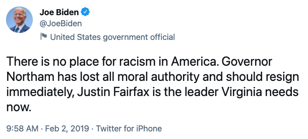 RNCResearch's tweet photo. When a photo surfaced of Virginia Democrat Gov. Ralph Northam in blackface or a KKK outfit, Joe Biden called for him to “resign immediately.”
 
He called Northam racist.
 
But today Biden is doing an event with him. https://t.co/eICvc4dTbp