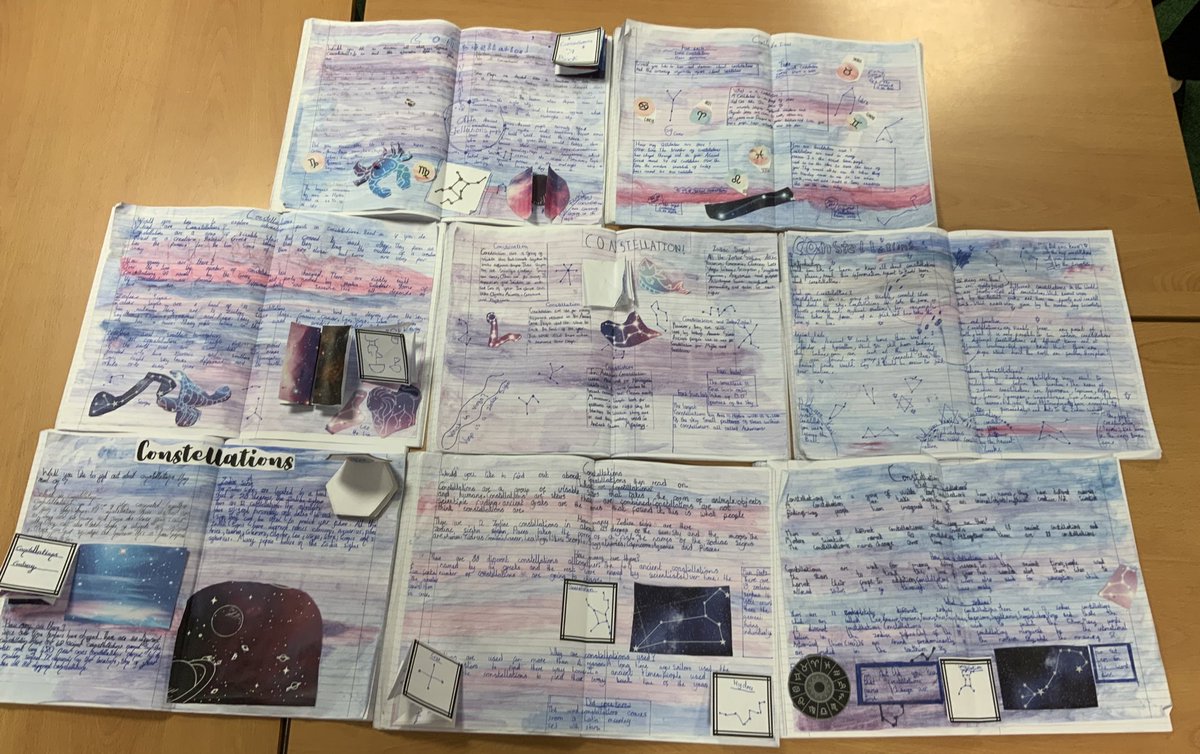 FVachhiat's tweet photo. 4FV have worked super hard in creating these information reports on constellations. Thank you @Teacherglitter @MrsBezoari for giving me the idea of using water colour paints in their English books #edutwitter #doublepagespread #constellations #informationreports @AHTMrsNettey https://t.co/26lgWbHFHp