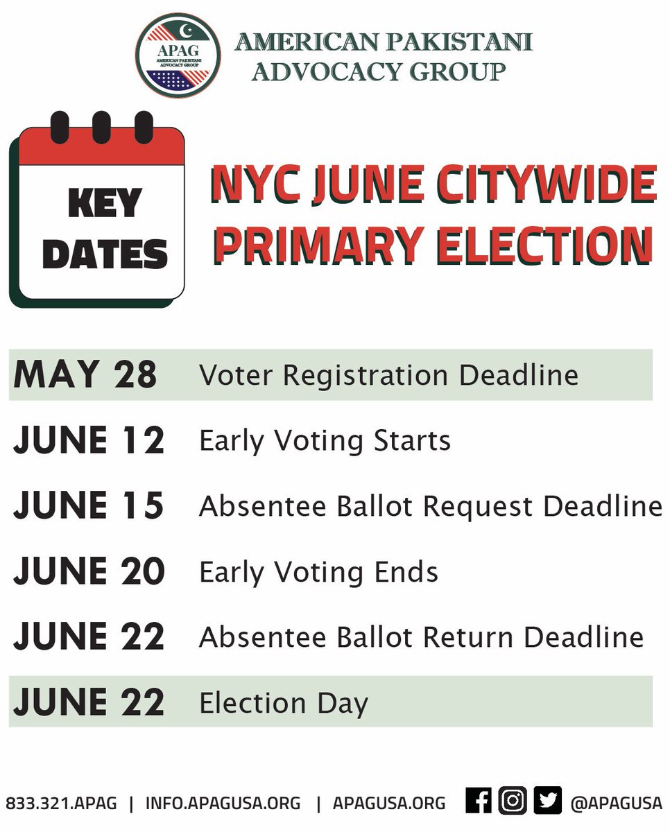 APAGUSA's tweet photo. NYC: You have a #primay #election coming up on June 22, 2021.
The deadline to #register to #vote in this election is TODAY Friday, May 28.
Don't wait. Get registered and vote. It's your right.
https://t.co/bDCIqCKSOC https://t.co/HXrJ2c8mzg