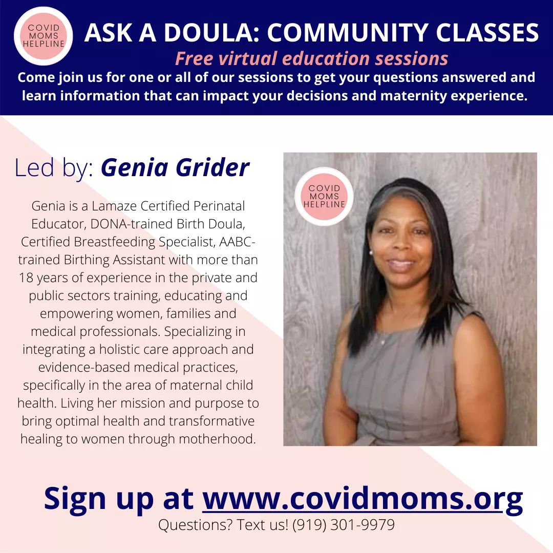 Join us next week for #AskADoula: FREE virtual pregnancy classes for every stage of your journey, from first trimester support to birth planning and breastfeeding! Sign up for one or all of our sessions at covidmoms.org/pregnancy-clas… today!