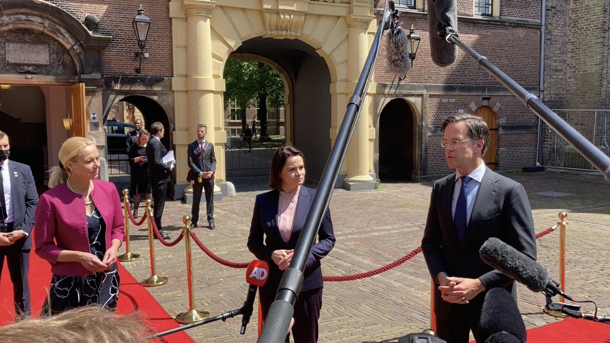 Tsihanouskaya's tweet photo. Thankful to 🇳🇱 PM @MinPres &amp; FM @SigridKaag for the strong position on the regime's crimes. We discussed peaceful resolution of the crisis in Belarus, the 4th&amp; 5th sanctions packages, support of 🇳🇱 to Belarusians. Targeted economic sanctions can help to stop violence&amp;lawlessness. https://t.co/FG4iCMcM2p