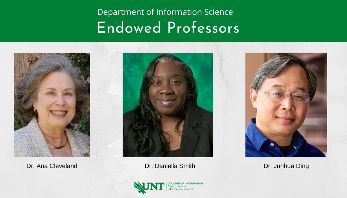 UNTInfoScience's tweet photo. Congratulations to Drs. Ana Cleveland, Daniella Smith, and Junhua Ding, who have received the honor of being named Endowed Professors! We recognize and thank all our donors for their generosity to the department. 
For more: https://t.co/ebU7U3LcFE https://t.co/o9DMYjpCZF