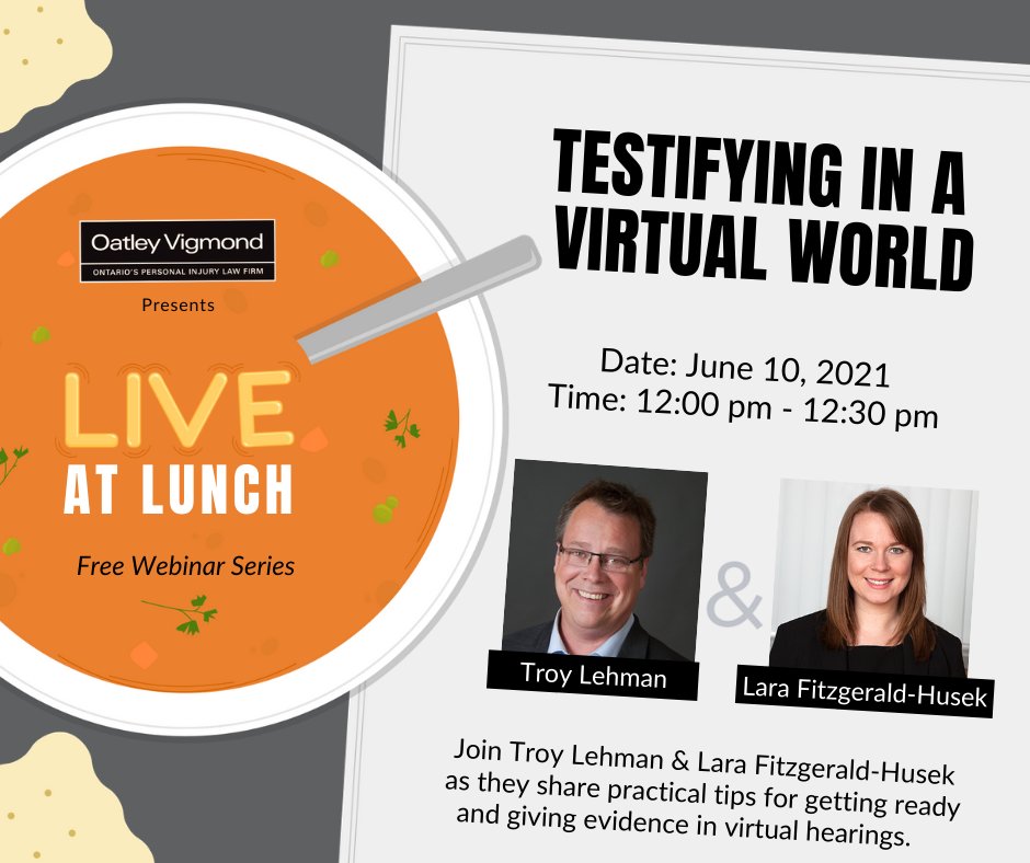 On Thursday, June 10, 2021, join <a href="/OatleyVigmond/">Oatley Vigmond</a> Partner Troy Lehman and Associate Lara Fitzgerald-Husek as they share practical tips for getting ready and giving evidence in virtual hearings.

FREE REGISTRATION: us02web.zoom.us/webinar/regist…

#LiveAtLunch #Testifying #VirtualTrials