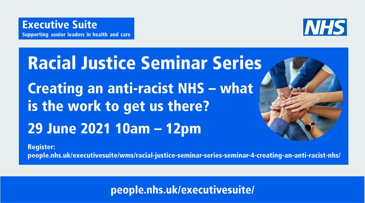 Join our #ExecutiveSuite Racial Justice seminar on 29 June to explore what an anti-racist NHS would look like. 
 
Speakers include: <a href="/Prerana_Issar/">Prerana Issar</a> <a href="/Jenldt/">Jenni Douglas-Todd</a> <a href="/BolaOwolabi8/">Bola Owolabi</a> <a href="/AntonEmmanuel2/">Anton Emmanuel</a> <a href="/Halima_Begum/">Halima Begum PhD</a> 
 
Open to all leaders in health &amp; care. 
 
Register at: people.nhs.uk/executivesuite…