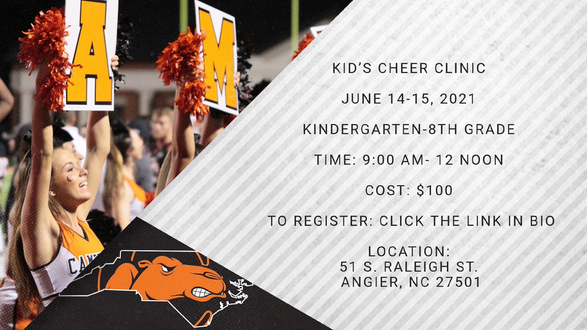 GoCamelsCheer's tweet photo. Kid’s Clinic Info! https://t.co/sjZMFVp6oK Click this link to get registered. 🧡🐪 https://t.co/nLrSOohOXU
