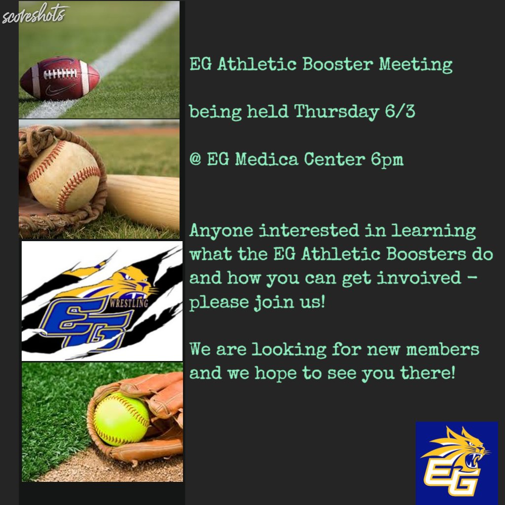 EG Athletic Booster Meeting 
Thursday 6/3 @ 6pm
EG Media Center 

Anyone interested in knowing what we do and how you can become involved, please join us!