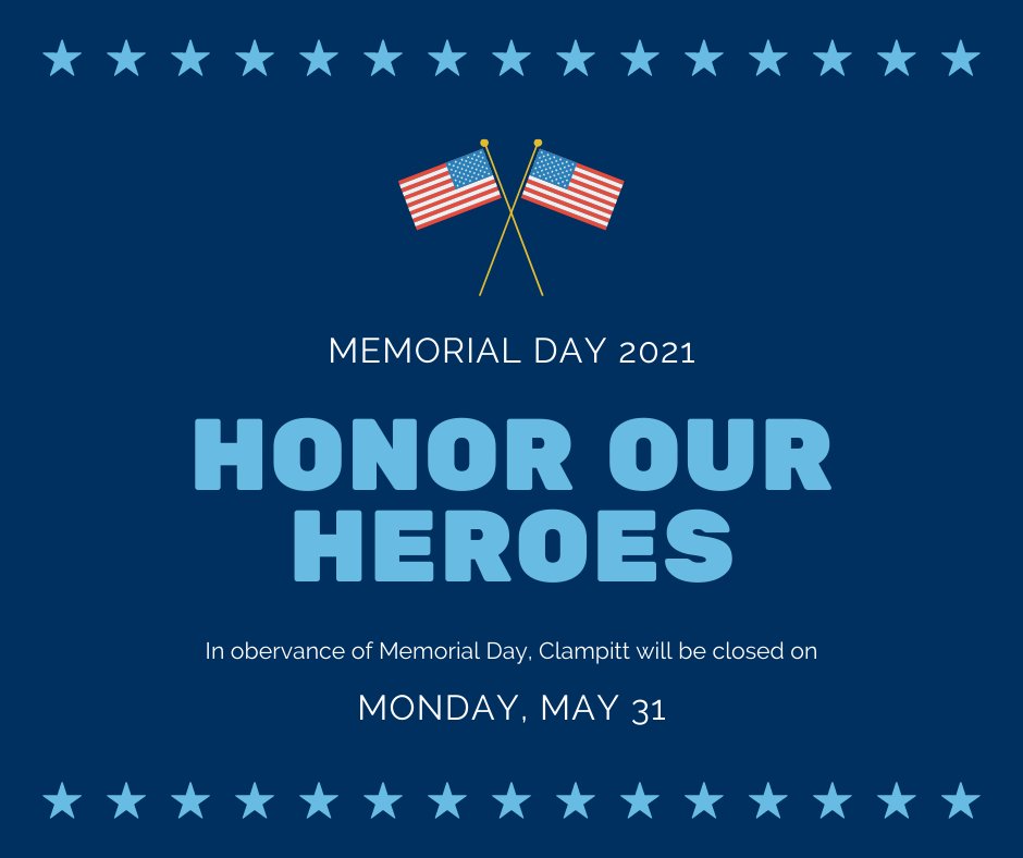 Clampitt Paper Company will be closed on Monday, May 31st, in observance of Memorial Day. This holiday weekend, let us honor and remember the sacrifices many have made to protect our freedom. 

We will resume regular business hours on June 1st