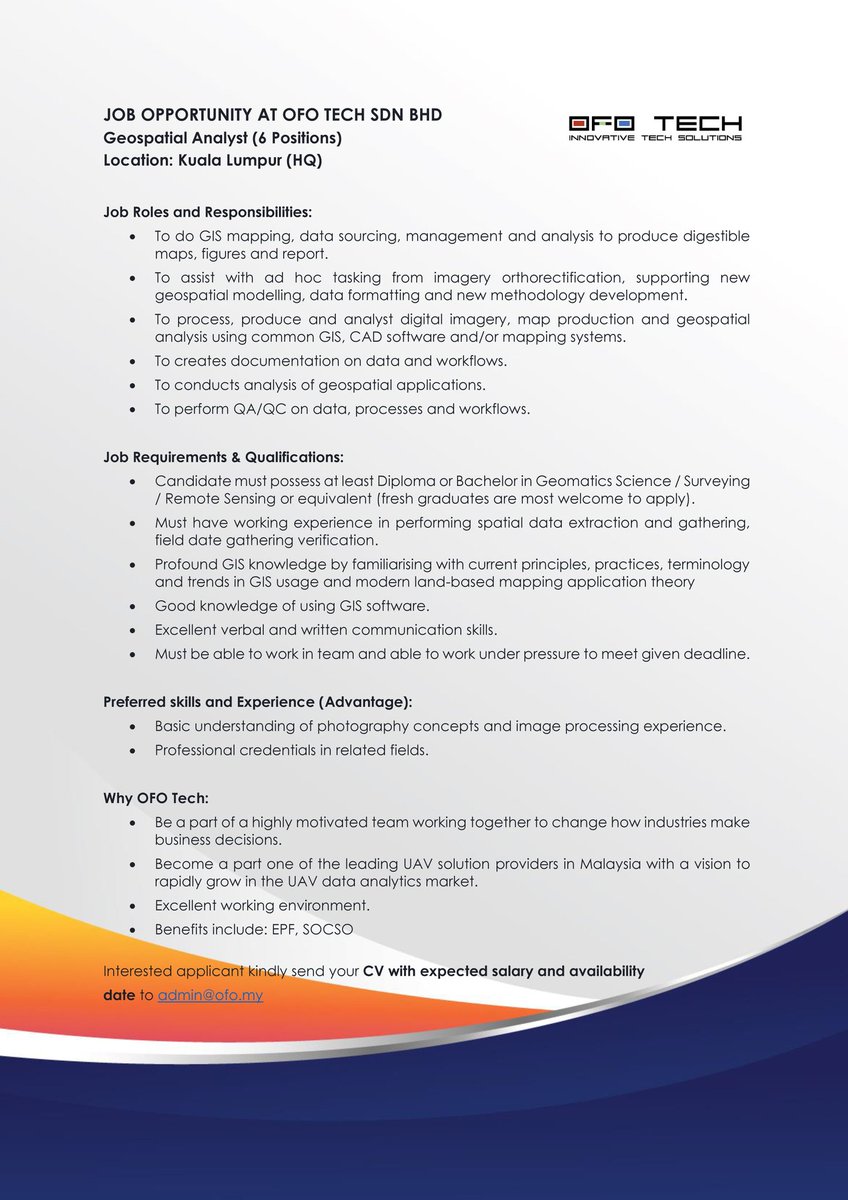 OFOtweets's tweet photo. CHOOSE A JOB THAT COULD TURN YOUR LIFE AROUND
BE A PART OF THE CHANGE!
OFO Tech Is Recruiting!
Geospatial Analyst
#jobvacancy #kerjakosong #Aerospace #jobsmalaysia #carpediem #opportunity #internship #ofotech #OFOGruppe #geospatialanalyst #GIS #geomatics #geospatial https://t.co/oVZg4SMUzY