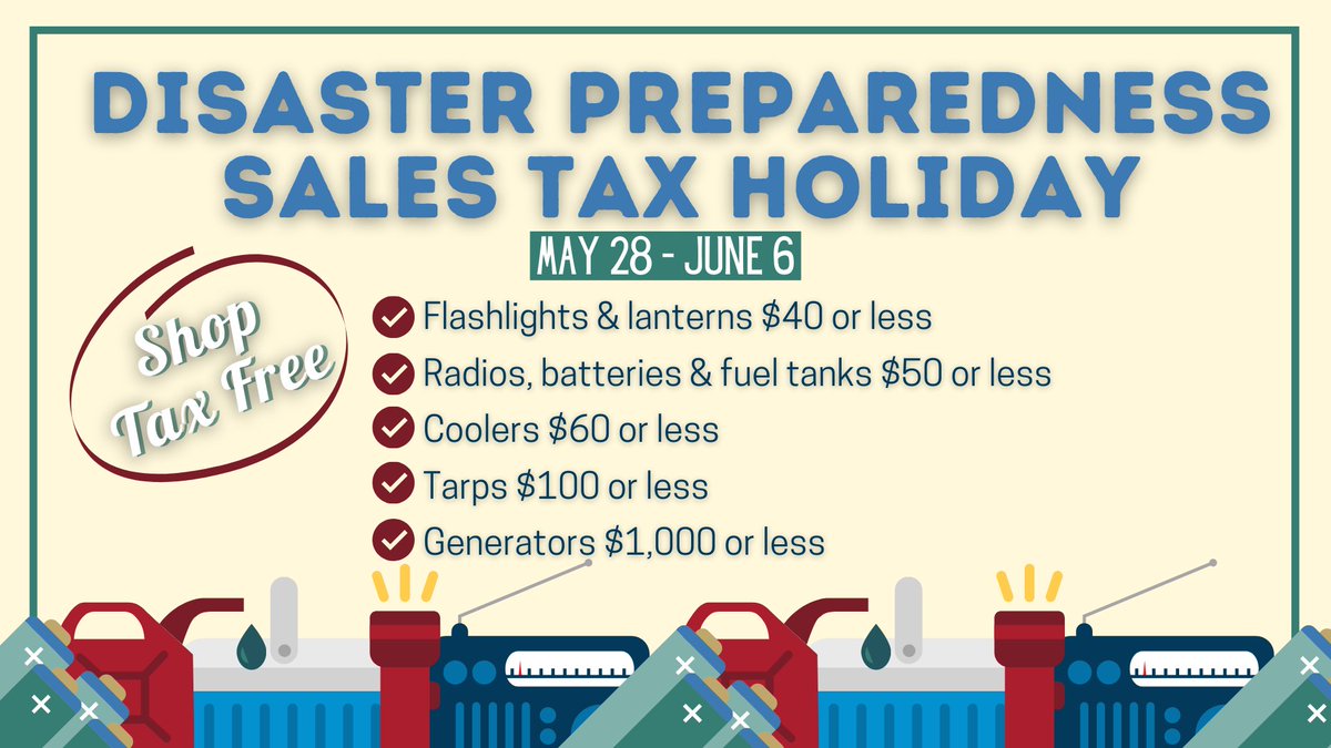 dennisbaxley's tweet photo. Be prepared! This year, the legislature created a tax-free holiday for essential disaster supplies like flashlights, batteries, coolers, generators, and more from May 28 – June 6. #FLPrepares #HurricaneSeason https://t.co/UoIOwMamvu