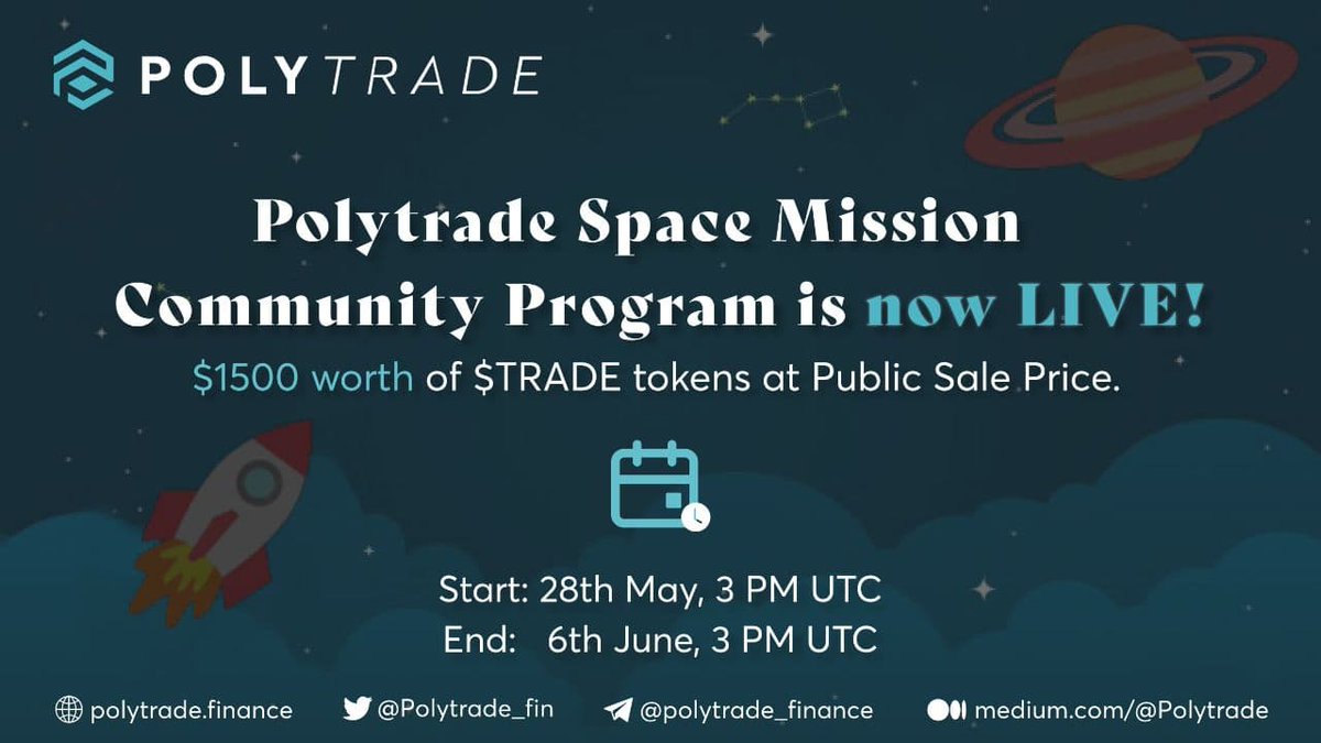 The Polytrade Space Mission Community Program is now LIVE!

🤑 $1500 worth of TRADE tokens at Public Sale price is up for grab.

#Contest Period: 
Start: 28th May, 3 PM UTC
End:   6th June, 3 PM UTC

Take part here 👉 gleam.io/competitions/A…

#gleam #giveaway #contestalert #win