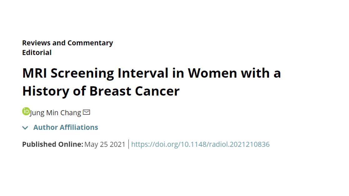 radiology_rsna's tweet photo. In the latest editorial, Jung Min Chang, MD, PhD, discusses MRI screening interval in women with a history of breast cancer. https://t.co/8wiJ2l7poC #BreastImaging @jungmin_chang @snubreast https://t.co/m5RFNKv9Au