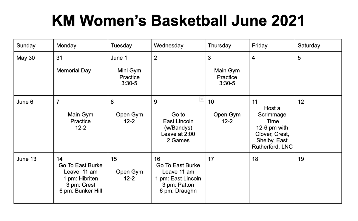 kmwbball's tweet photo. Anyone KMHS girls (including rising 9th graders) interested in attending some summer basketball events, here is our June Schedule! https://t.co/ROe6p3zZ4Z