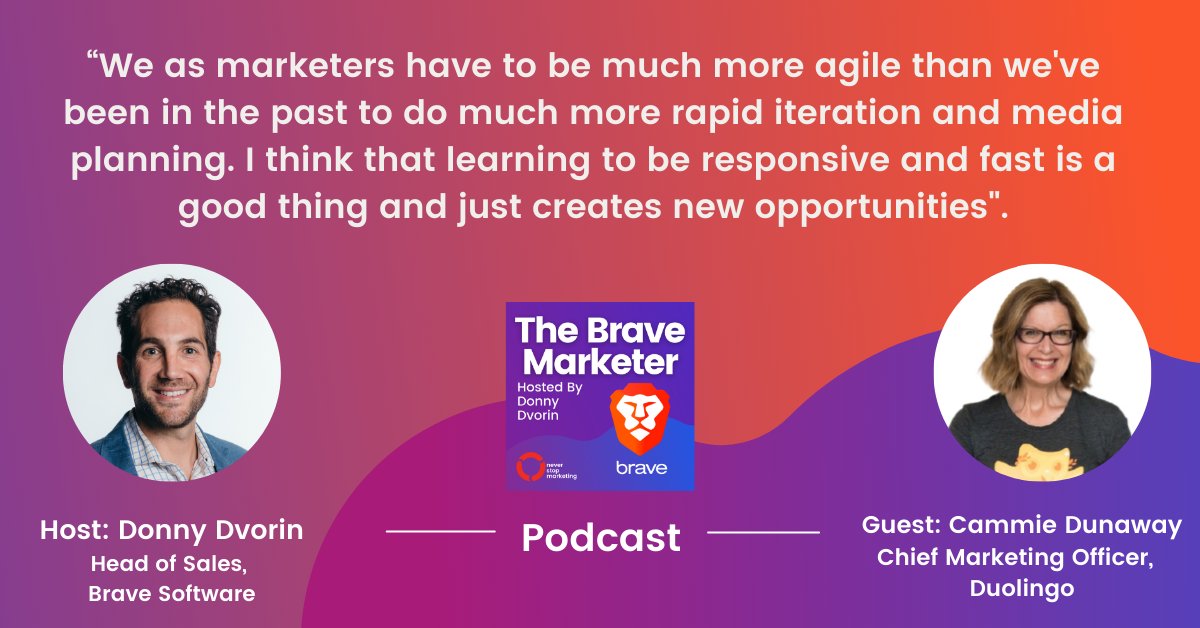 brave's tweet photo. Discover how @duolingo’s CMO, @cwd8, is saying YES to big marketing ideas to drive user engagement and to unleash a team culture of creativity and empowerment. Hosted by @DonnyDvorin. #TheBraveMarketer https://t.co/Osjv3FsWwr https://t.co/MgwkikpQKd