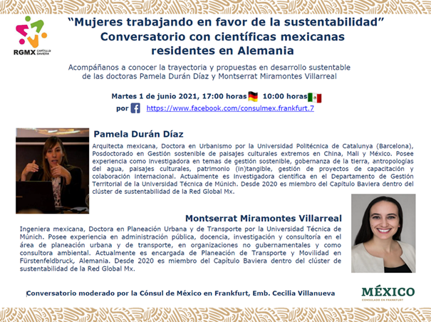 Consulmex Frankfurt (@consulmexfrk) on Twitter photo 👀📢¡No te pierdas nuestro próximo #Conversatorio con científicas 🇲🇽 residentes en 🇩🇪! Participan Pamela Durán Díaz y Montserrat Miramontes Villarreal. 🗓️Martes 1° de junio 🕐 17 hrs. 🇩🇪 / 10 hrs. 🇲🇽
➡️facebook.com/consulmex.fran…
<a href="/rgmx_baviera/">Red Global MX Baviera</a> <a href="/RedGlobalMX/">RedGlobalMX</a> <a href="/IME_SRE/">IMME</a> <a href="/DiplomaciacMX/">Diplomacia Cultural MX</a> 👀📢¡No te pierdas nuestro próximo #Conversatorio con científicas 🇲🇽 residentes en 🇩🇪! Participan Pamela Durán Díaz y Montserrat Miramontes Villarreal. 🗓️Martes 1° de junio 🕐 17 hrs. 🇩🇪 / 10 hrs. 🇲🇽
➡️facebook.com/consulmex.fran…
<a href="/rgmx_baviera/">Red Global MX Baviera</a> <a href="/RedGlobalMX/">RedGlobalMX</a> <a href="/IME_SRE/">IMME</a> <a href="/DiplomaciacMX/">Diplomacia Cultural MX</a>