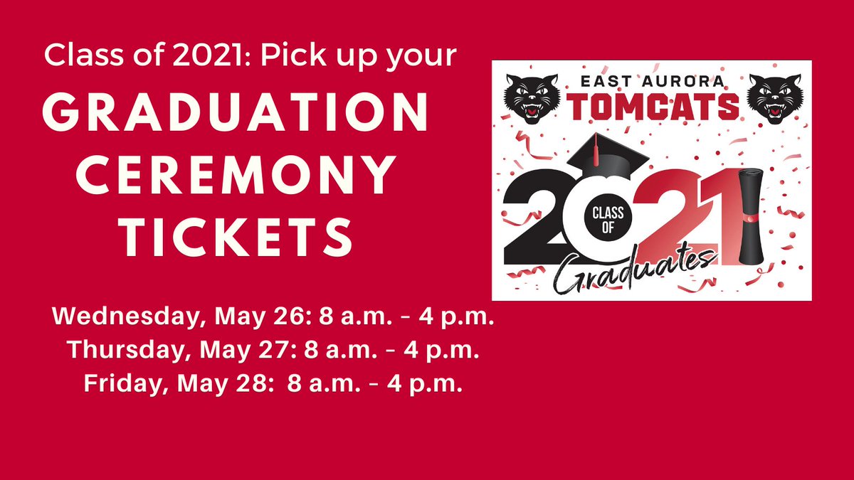EASD131's tweet photo. CLASS OF 2021: Still time to pick up your eight (8) tickets for Sunday's Graduation Ceremony. Visit the EAHS Main Office today, Friday, 5/28, from 8:00 a.m. to 4:00 p.m. #itsalmostsunday #forecastlooksgreat https://t.co/j4uikgKyc6