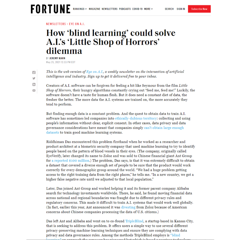 DavidLaBordeMD's tweet photo. Several #AI/#ML companies are working on the challenge of #data for #trainingmodels & solving related #privacy/#datasharing issues
Nice @jeremyakahn @Fortune piece on @TripleBlindAI (raised $8.2M 3/21) https://t.co/VQLwf6lhG6
@rdasxy #MedTwitter @MayoClinic #MachineLearning