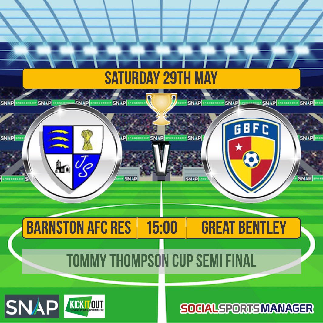Essex & Suffolk Border League (@e_sborderleague) on Twitter photo TOMORROW
<a href="/barnston_afc/">Barnston AFC - Reserves</a> take on <a href="/GTBENTLEYFC/">GREAT BENTLEY FC</a> A in the Tommy Thompson Cup Semi Final. Winner takes on <a href="/HPFC_1903/">Hatfield Peverel FC</a> Reserves in the final on Tuesday evening.
#ESBL TOMORROW
<a href="/barnston_afc/">Barnston AFC - Reserves</a> take on <a href="/GTBENTLEYFC/">GREAT BENTLEY FC</a> A in the Tommy Thompson Cup Semi Final. Winner takes on <a href="/HPFC_1903/">Hatfield Peverel FC</a> Reserves in the final on Tuesday evening.
#ESBL