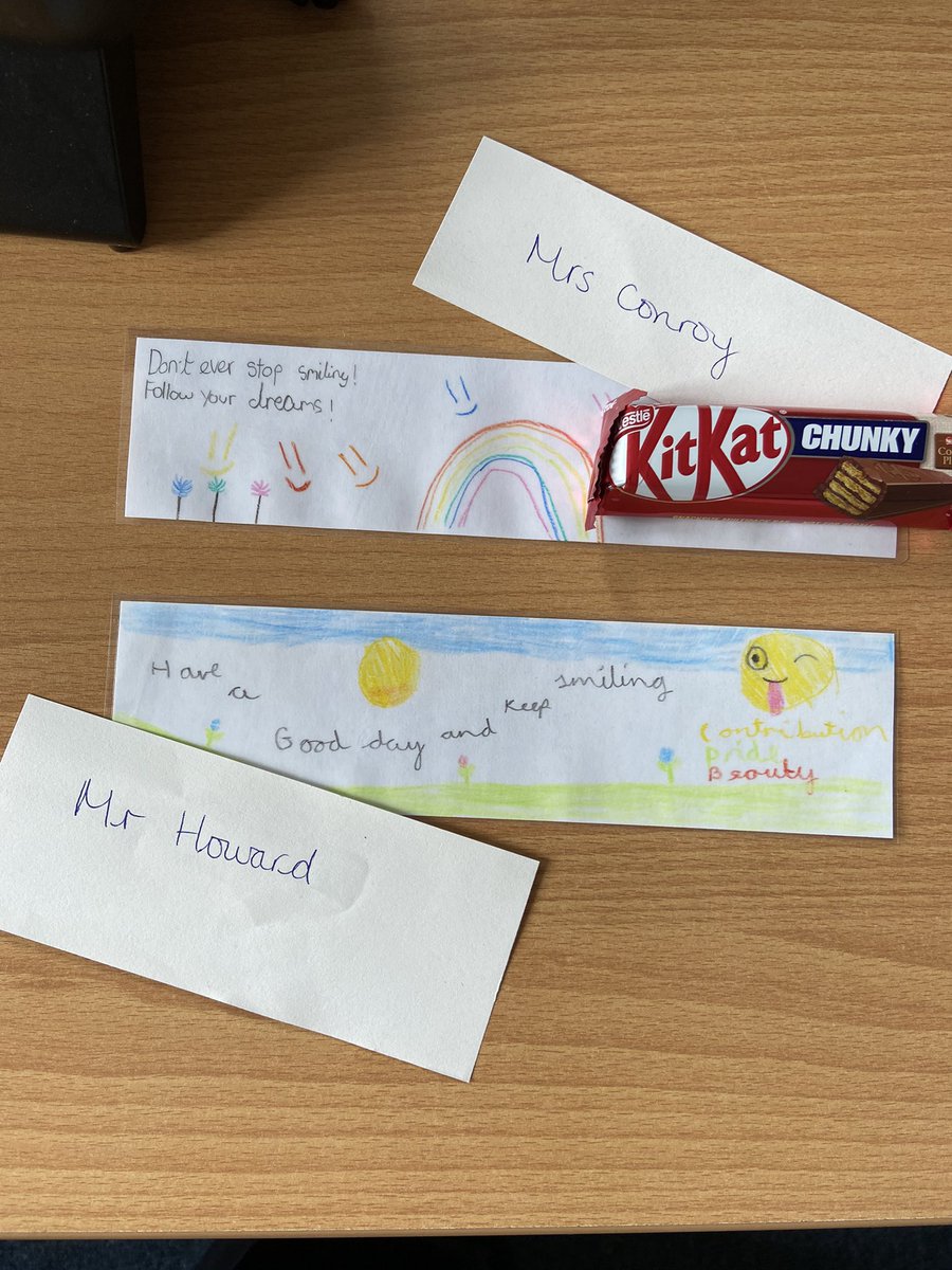 BarbaraConroy4's tweet photo. The end of another term! Thank you to whoever left this little surprise for us this morning. (Mr Howard’s KitKat didn’t last long enough for a picture!) Have a lovely half term, everyone! https://t.co/GqddKr5cnI
