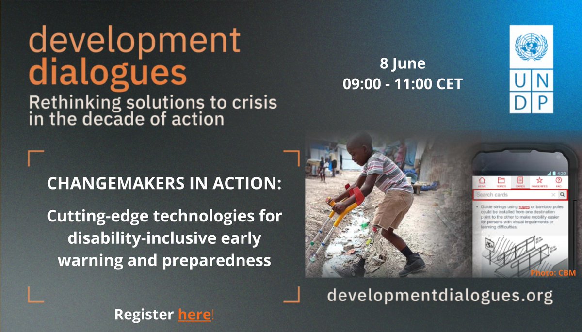 A boy in Haiti with an artificial leg is using forearm crutches to cross a sewage canal. On his right side in the background there is a mobile phone showing a mobile application for disability-inclusive disaster risk reduction.