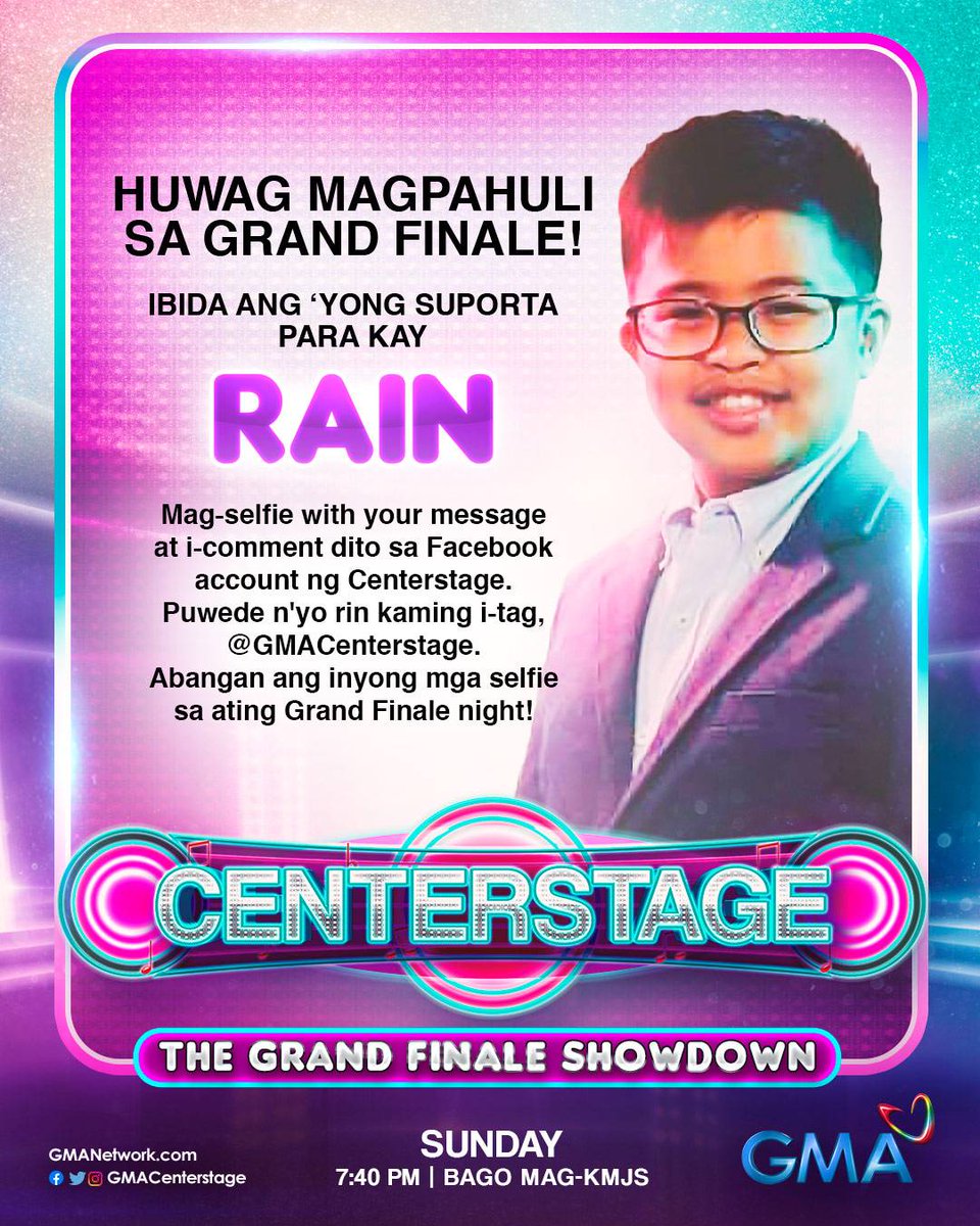 GMACenterstage's tweet photo. Ibida ang pagmamahal at suporta n'yo para kay Rain Barquin! 😍 'Wag nang mahiya at i-tweet dito ang selfie n'yo with your message! 😉💖

See you at the grand finals, #Centerstage Nation! https://t.co/Jl9ElsrGok