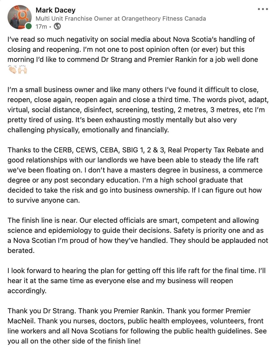 mdacey66's tweet image. I’ve read so much negativity on social media about Nova Scotia’s handling of closing and reopening. I’m not one to post opinion often (or ever) but this morning I’d like to commend Dr Strang and Premier Rankin for a job well done 👏🏻🙌🏻

#reopensafely   @IainTRankin @RobertStrang11