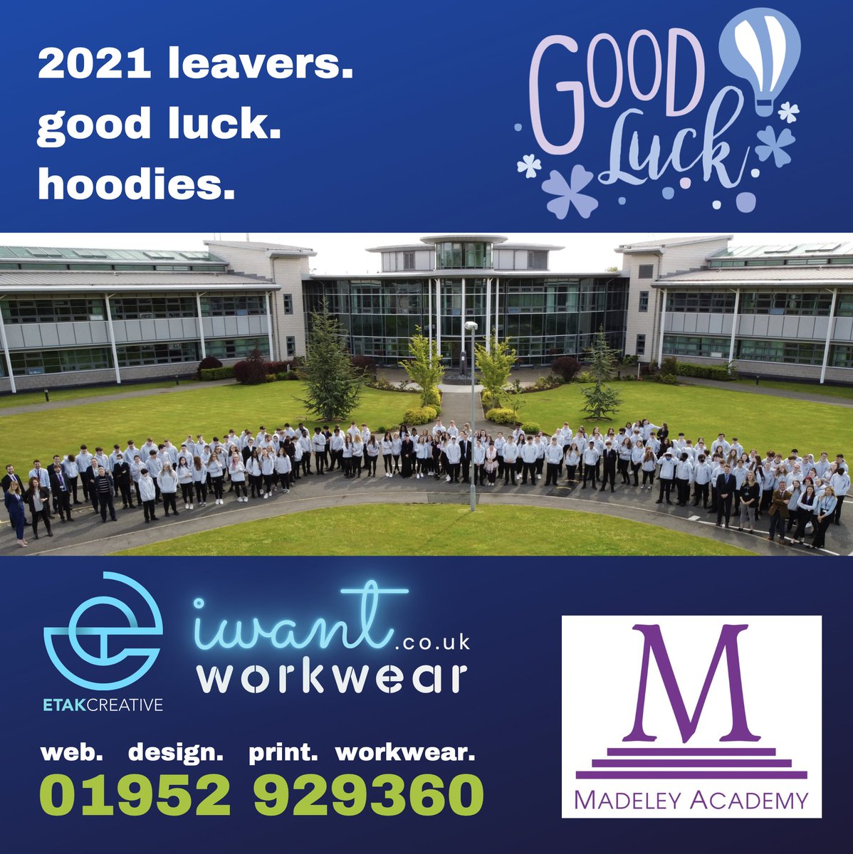 On behalf of I want workwear and ETAK Creative we wanted to wish the 2021 leavers of Madeley Academy a massive farewell and good luck on their future ventures! 
Don’t they look smart in there hoodies too! <a href="/MadeleyAcademy/">Madeley Academy</a> 
#2021leavers #leavetoday #customhoodies #supportlocal