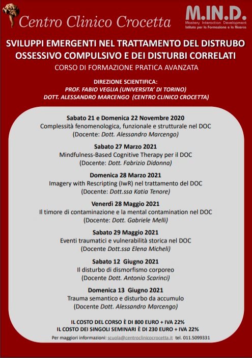 CCCrocetta's tweet image. “Sviluppi emergenti nel trattamento del disturbo ossessivo-compulsivo e dei disturbi correlati”-  ECM
&amp;gt; 28 maggio 2021 (dott. G.Melli) + 29 maggio 2021 (dott.ssa E. Micheli)
&amp;gt; 12 giugno 2021 (dott. A.Scarinci) + 13 giugno 2021 (dott. A. Marcengo)

centroclinicocrocetta.it/formazione/svi…