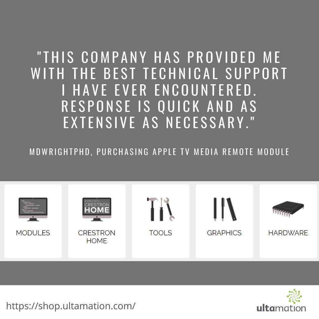 Ultamation's tweet image. We endeavour to provide the best support for all of our modules and drivers. buff.ly/2KpLsq6
@Crestron #AVtweeps #Crestroncontrol #Crestronprogramming #CustomerService #happycustomer