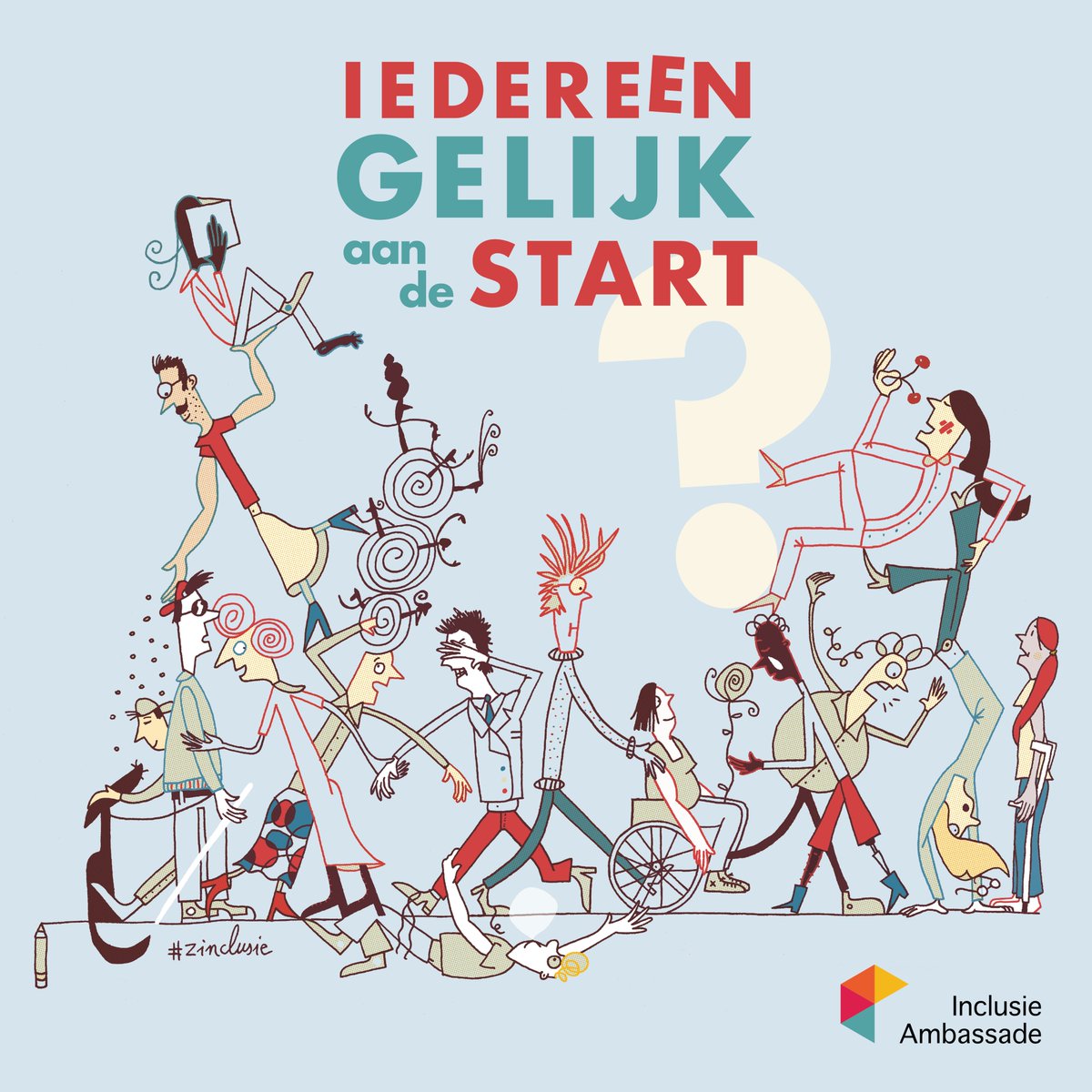 We vroegen illustrator Tom Schoonooghe om inclusie te tekenen. Inclusie betekent voor hem "iedereen staat gelijk aan de start. Maar het pad dat wordt afgelegd, daar hebben sommigen hulp bij nodig" #zinclusie