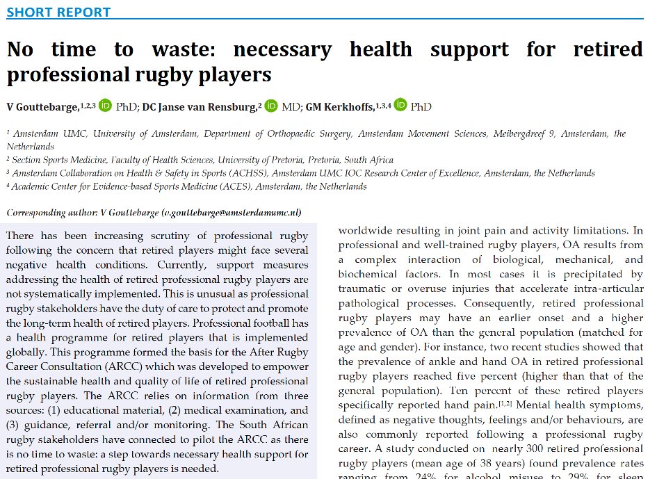 While After Career Consultation we @KerkhoffsG conceptualized 2 years ago is implemented by @FIFPRO @FIFAcom in football, After Rugby Career Consultation will be piloted in next 2 years in SA among recently retired professional rugby players! @ChristaJVR journals.assaf.org.za/index.php/sajs…
