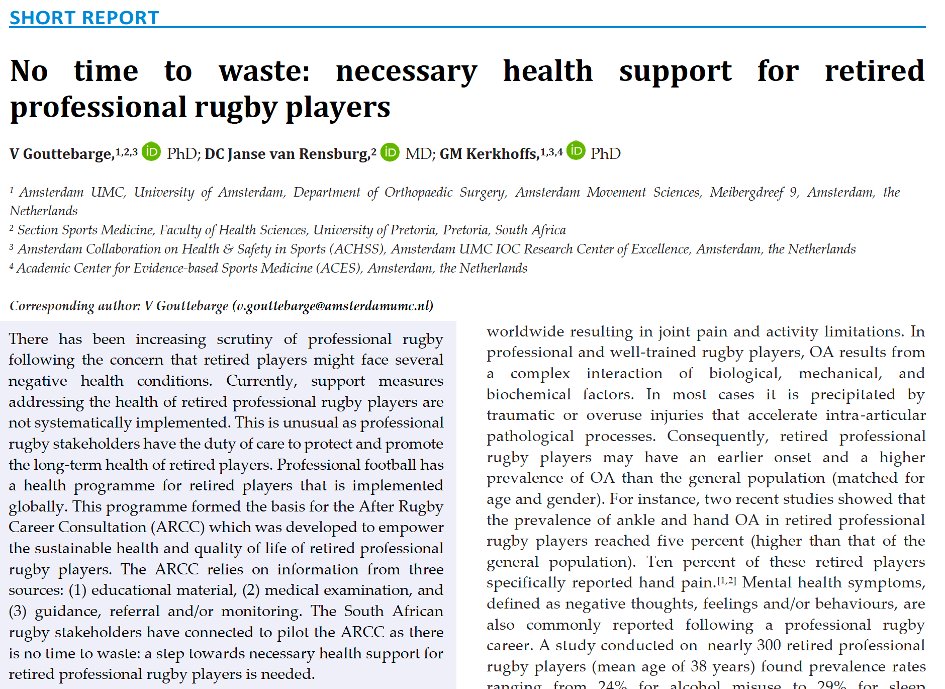 Vincent Gouttebarge (@vgouttebarge) on Twitter photo While After Career Consultation we @KerkhoffsG conceptualized 2 years ago is implemented by <a href="/FIFPRO/">FIFPRO</a> <a href="/FIFAcom/">FIFA</a> in football, After Rugby Career Consultation will be piloted in next 2 years in SA among recently retired professional rugby players! <a href="/ChristaJVR/">ChristaJvRensburg</a> journals.assaf.org.za/index.php/sajs… While After Career Consultation we @KerkhoffsG conceptualized 2 years ago is implemented by <a href="/FIFPRO/">FIFPRO</a> <a href="/FIFAcom/">FIFA</a> in football, After Rugby Career Consultation will be piloted in next 2 years in SA among recently retired professional rugby players! <a href="/ChristaJVR/">ChristaJvRensburg</a> journals.assaf.org.za/index.php/sajs…