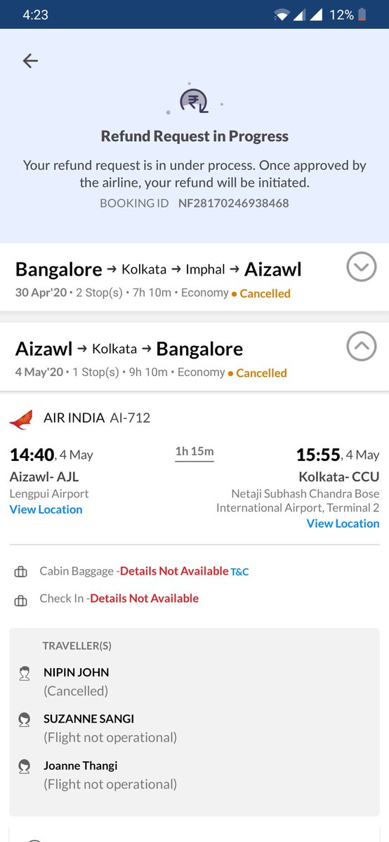 nipps21zach's tweet photo. @makemytrip @airindiain Action on a cancelled flight pending for more than a year. Can you please let me know who(mmt or Air India) and how are you going to solve this? Please help resolve this at the earliest, we are trying to get back our normalcy need refund for this booking. https://t.co/EJASvcEpNk