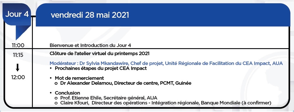 Programme de la cérémonie de clôture des activités du 5e Atelier virtuel des #CEAImpact 
<a href="/SylviaMkandawi2/">Sylvia Mkandawire</a> <a href="/the_ACEProject/">Africa Higher Ed. Centers of Excellence-ACE Impact</a> <a href="/AAU_67/">Association of African Universities</a> <a href="/aceceforuniport/">ACE CEFOR, UNIPORT</a> <a href="/COEUAEU/">COE_UAEU</a> <a href="/acemfsfutm/">ACE, Mycotoxin and Food Safety, FUT, Minna</a> 
<a href="/Institut_2iE/">Institut 2iE</a> @acegid <a href="/cerhi_uniben/">CERHI UNIBEN</a> <a href="/CervidaDounedon/">Cervida - Dounedon</a> <a href="/CersaTogo1/">cersa-togo</a> <a href="/CermeTogo/">Cerme Togo</a>
<a href="/Khouedakor/">Koko Houedakor</a> <a href="/OyesolRuttyb1/">Ruth Odufala</a>