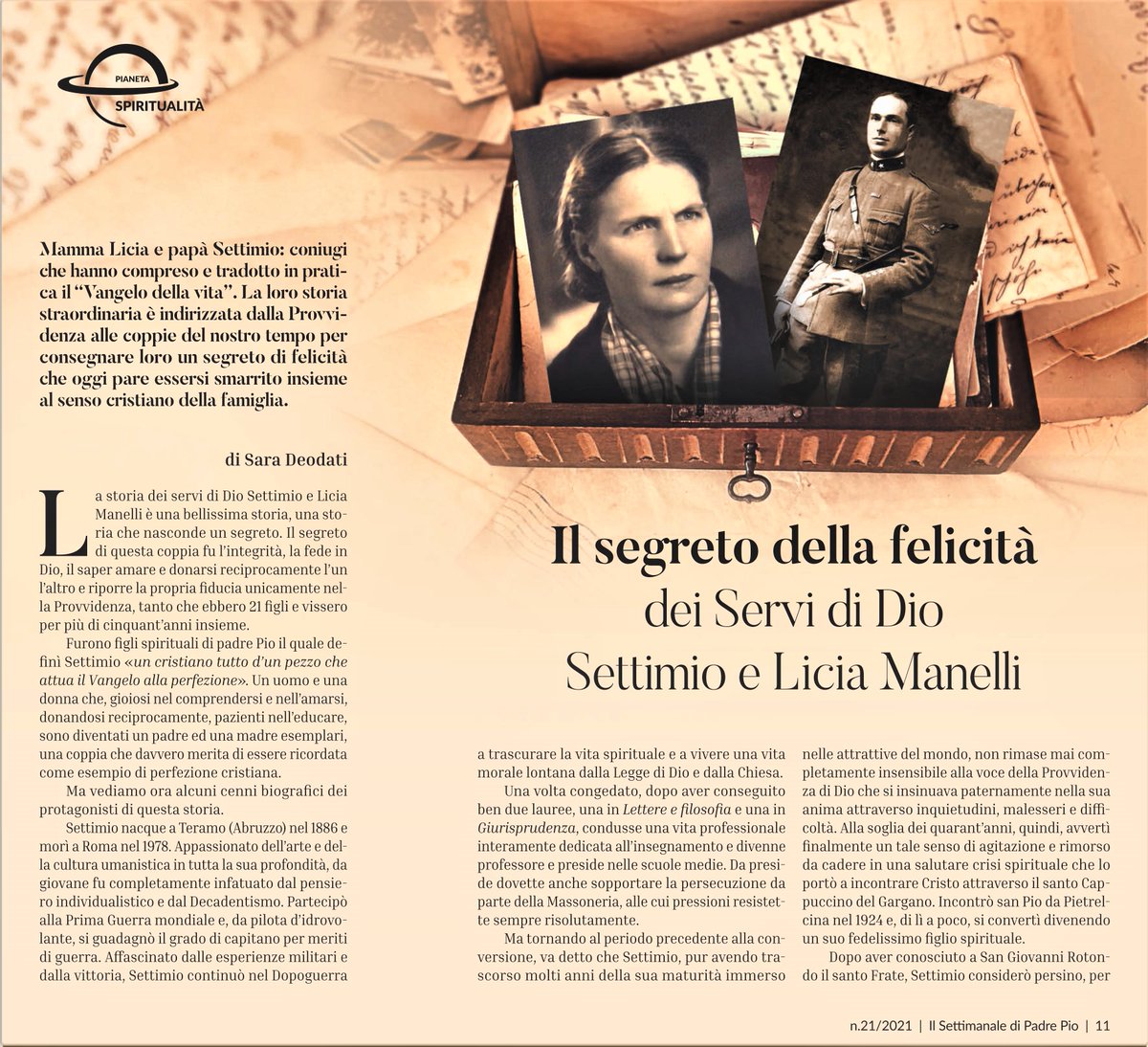 infocattolica's tweet photo. #CONIUGI E #SANTI
La testimonianza dei Servi di Dio Settimio e Licia #Manelli è bellissima, hanno scritto con il loro #matrimonio una pagina di Fede che nasconde un segreto
L'articolo di Sara Deodati, pubblicato su "Il Settimanale di Padre #Pio" n. 21 del 30 maggio 2021 https://t.co/YNziubB02m