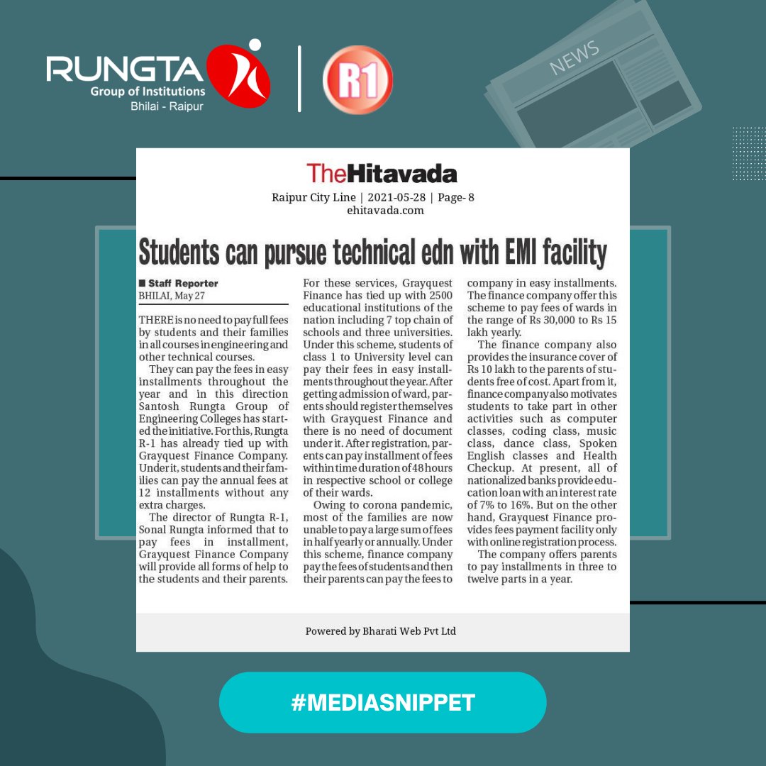 Rungtauniv's tweet photo. #RungtaR1 group of institution with #GreyQuest making top class technical education easy by #EMIs facility.
Know more Whatsapp your query: 9016226666 
.
.
.
#College #CollegeFees #Feepayment #sholarship #education #EducationLoan #technicaleduation #btech #engineering https://t.co/pFG8rXL0kx